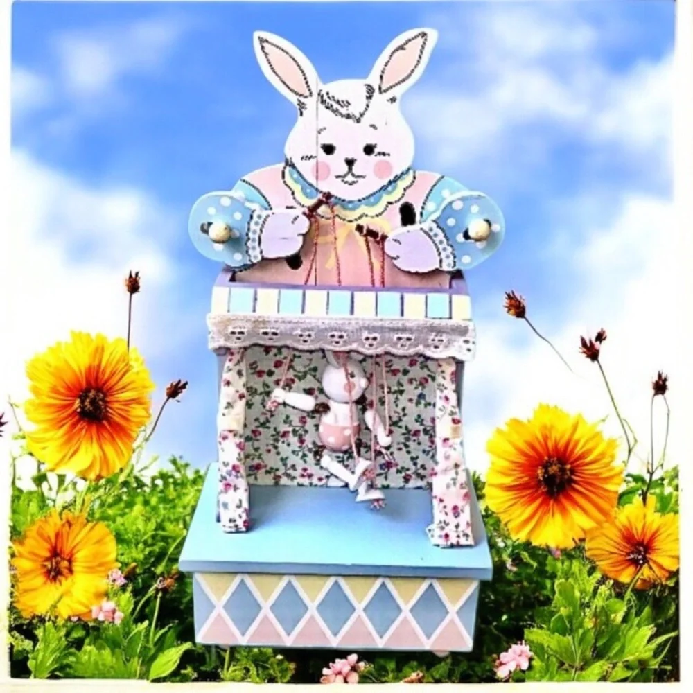 EASTER Enesco Vintage '86 Wood Music Box Bunny Rabbit PUPPET ON A STRING Moves